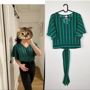 Japna Boho Green Striped Flare Short trumpet Sleeve Crop Top Shirt